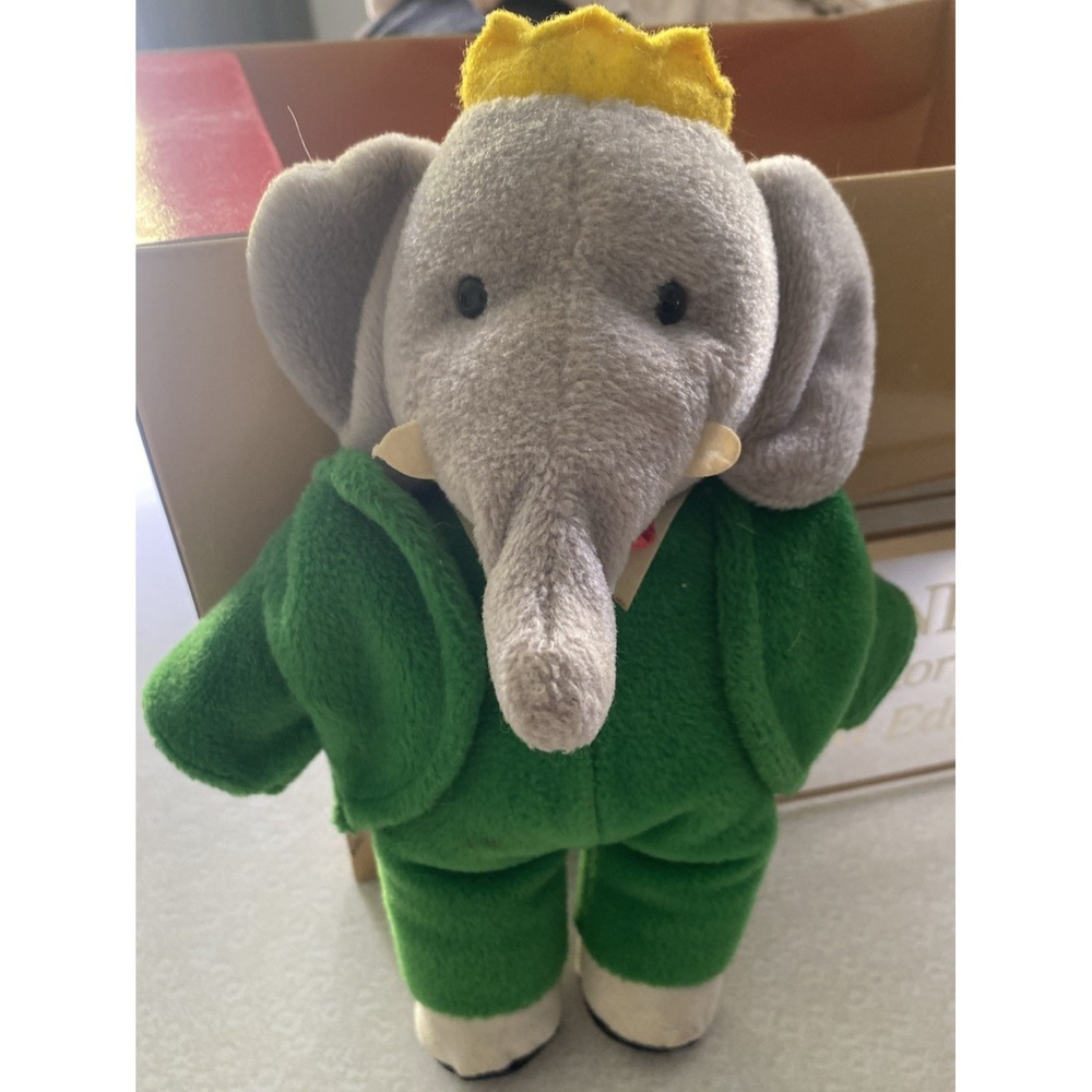 1988 GUND Babar the Elephant Plush Stuffie Toy Green Suit and Crown 9"